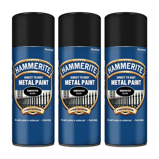 3X Hammerite Smooth Black Spray Paint 400ml