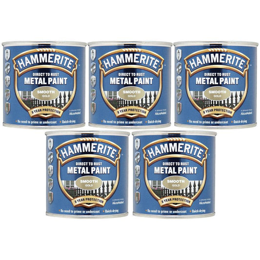 5X Hammerite Smooth Gold Paint 250ml