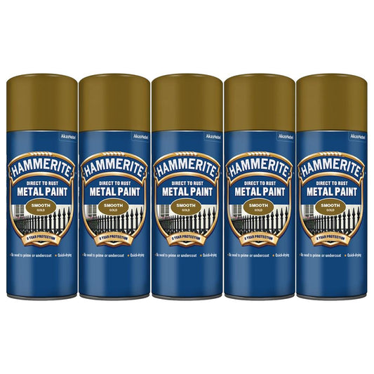 5X Hammerite Smooth Gold Spray Paint 400ml