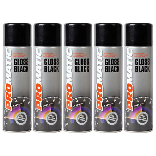 5X Promatic Gloss Black Spray Paint 500ml