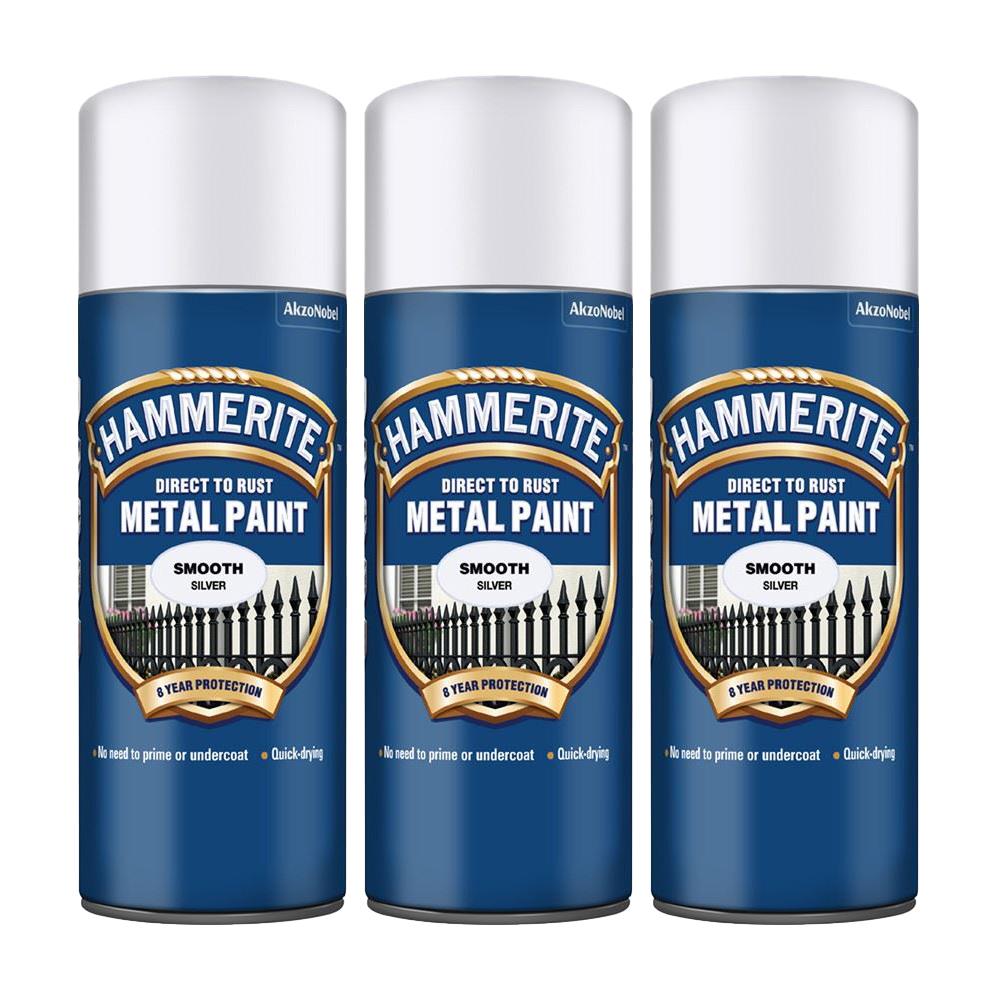 3X Hammerite Smooth Silver Spray Paint 400ml