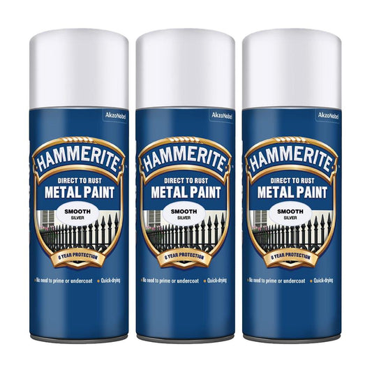 3X Hammerite Smooth Silver Spray Paint 400ml